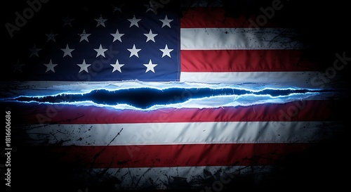 Wallpaper Mural American flag with a glowing blue crack symbolizing division and crisis, set against a dark, grunge background, representing a fractured nation Torontodigital.ca