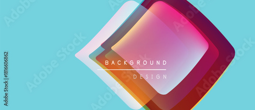 Abstract geometric shapes overlap, creating vibrant color gradients. Light blue backdrop complements warm tones. Text reads background design.