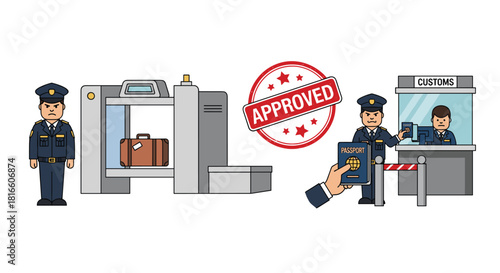 Airport Security Checkpoint with Approved Stamp and Customs Officer, Generative AI.
