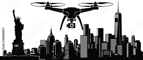 Drone flying over New York City, Statue of Liberty, skyline silhouette, aerial photography, surveillance, urban technology, architecture, USA, modern, cityscape