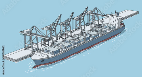 Container Ship Being Loaded by Cranes at a Port, Generative AI.