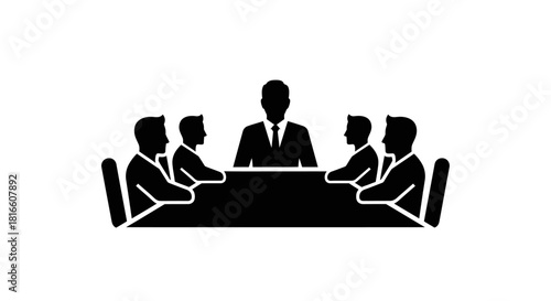 Dynamic silhouette icon capturing a crucial business meeting, symbolizing corporate discussions, strategic planning, teamwork, and leadership within a professional organizational setting