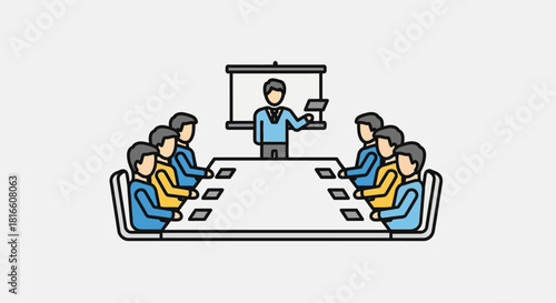 Professional business meeting illustration depicting a team collaboration, brainstorming session, and an engaging presentation in a corporate setting, ideal for business concepts