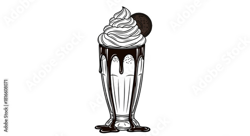 Vintage sketch of a classic chocolate milkshake topped with whipped cream and a cookie, a sweet indulgent dessert drink