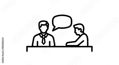 Professional communication and discussion icon depicting two individuals engaged in a business meeting, interview, or consultation, symbolizing dialogue and interactive exchange