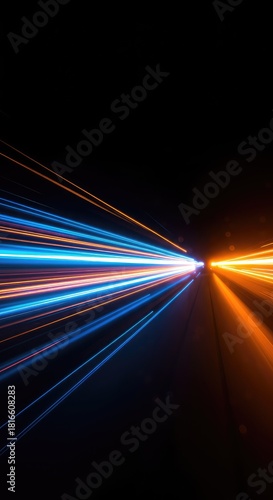 A powerful, sweeping streak of blue and orange light creating an abstract sense of velocity and unstoppable forward motion on a dark background ,force ,flow ,continuous
