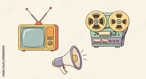 Retro broadcast media and communication devices, including an antique television, a reel-to-reel tape recorder, and a megaphone