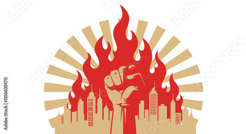 Protest Fist Rising Above Fiery City Skyline Symbolizing Revolution and Social Uprising