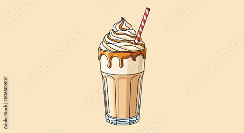 Delicious Caramel Milkshake with Whipped Cream and Straw