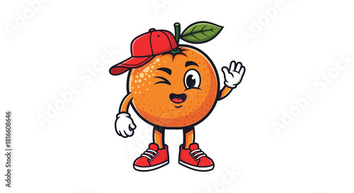 Playful and cheerful cartoon orange character winking and waving, wearing a trendy backward baseball cap and cool red sneakers, embodying a fun and energetic fruit mascot
