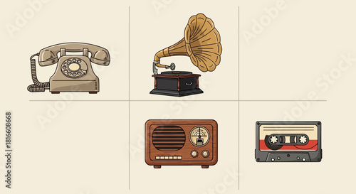 Collection of vintage audio and communication devices including a rotary phone, gramophone, radio, and cassette tape