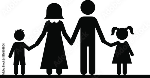 Family silhouette, parents and children, holding hands, black and white, vector illustration, unity symbol, parenting concept, togetherness icon, child 