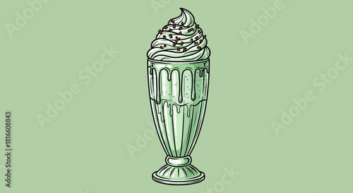 A refreshing, cool mint milkshake, complete with whipped cream and chocolate sprinkles, served in a tall glass with a delicate drizzle effect
