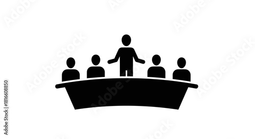 Vector illustration of a team leader guiding a group discussion, symbolizing corporate strategy, collaboration, and professional interaction