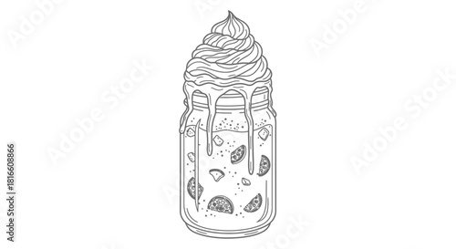 A delightful hand-drawn illustration of a refreshing beverage in a mason jar, topped with whipped cream and garnished with fruit slices