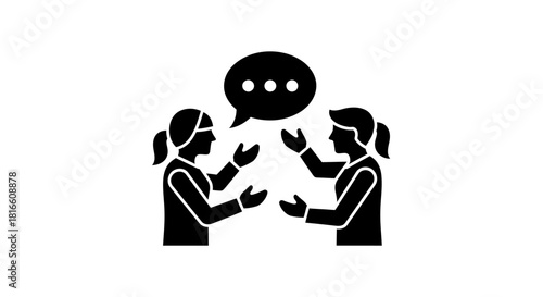 Dynamic black vector icon illustrating two individuals engaged in meaningful conversation, symbolizing effective communication, discussion, and interactive dialogue for various contexts