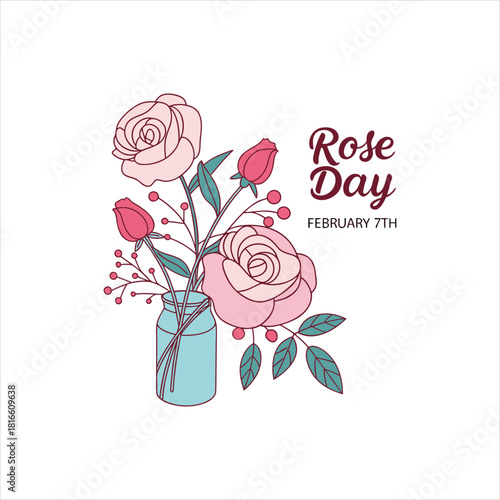 Rose Day Greeting Card with Pink Roses in a Vase – February 7th Illustration