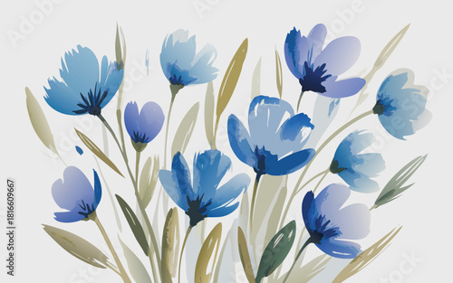 Blue and white floral pattern with cornflower blossom, a beautiful nature illustration of spring and summer garden blooms