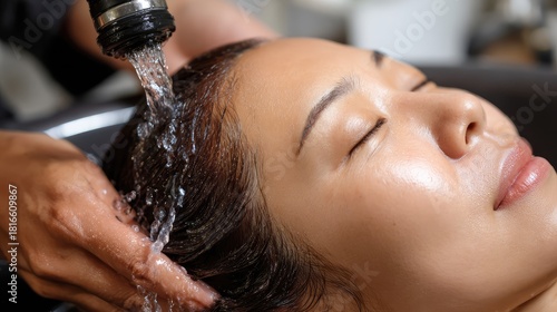 Close-up of a woman receiving a head massage during a Japanese head spa treatment with water flowing from a special hair washing tool, focusing on the scalp relaxation and beauty therapy Generative Ai