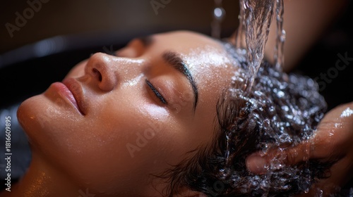 Close-up of a woman receiving a head massage during a Japanese head spa treatment with water flowing from a special hair washing tool, focusing on the scalp relaxation and beauty therapy Generative Ai