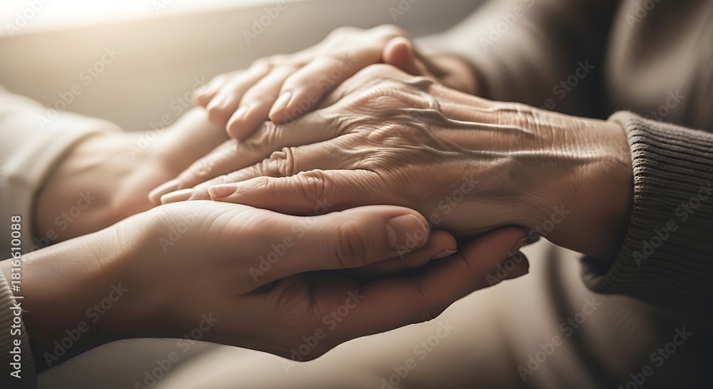 Naklejka premium Closeup of a younger persons hands gently holding the wrinkled hand of an elderly individual, symbolizing care, support, and intergenerational connection