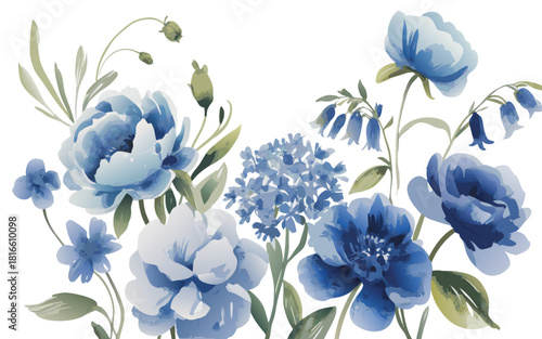 Blue and white floral pattern with cornflower blossom, a beautiful nature illustration of spring and summer garden blooms