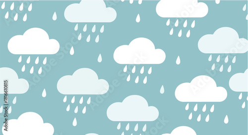 Seamless pattern of white cartoon clouds with raindrops on a light blue background, creating a whimsical and rainy weather design.