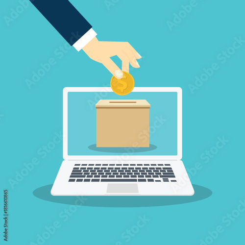 Human hand putting coin in a donation box ,online  donation concept.