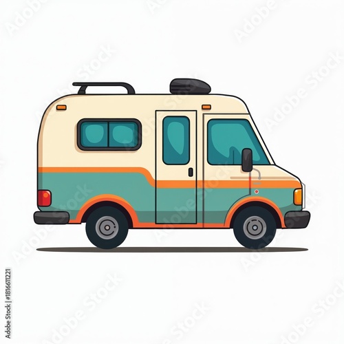 Wallpaper Mural Illustration shows retro camper van. Vehicle for camping, summer holidays. Cartoon motorhome for family travel adventures. Ideal for road trip, vacation tourism. Campervan image for mobile app. Torontodigital.ca