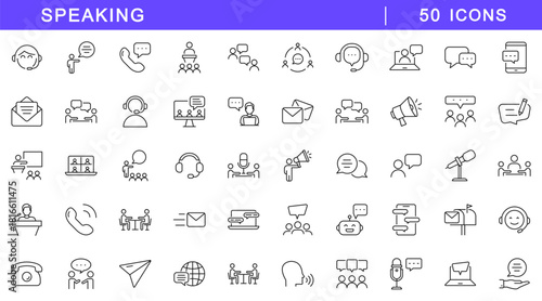 Speaking icon set. Communication icons in line style. Editable web icons discussion, talking, chat, support, message etc. Vector illustration.