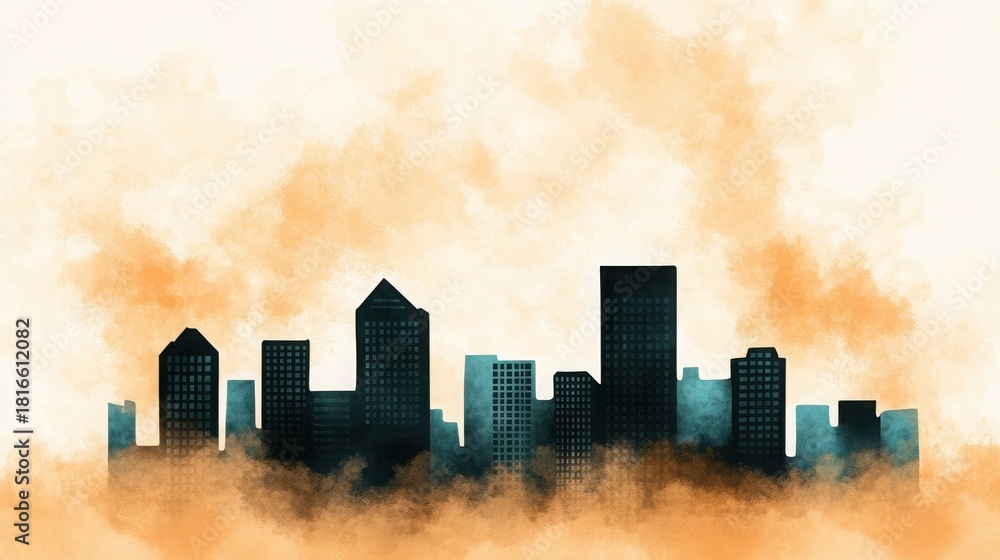 Fototapeta premium Watercolor Skyline of a Metropolis featuring Teal Buildings With Smoky Orange Hues and Abstract Design Against a Light Beige Backdrop
