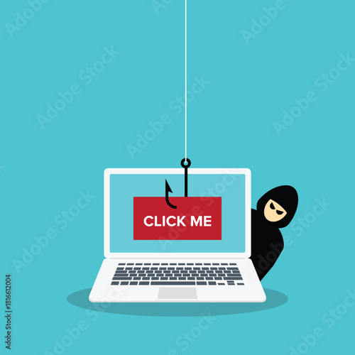 Click me bait on a laptop computer, hacker trying to  steal confidential data, personal information and credit card detail. Hacking concept.	