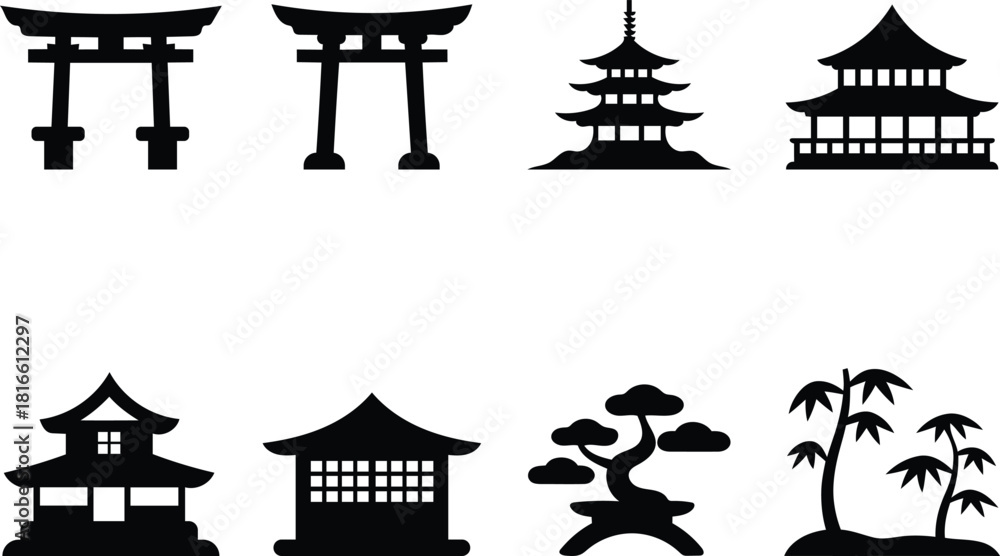 Naklejka premium Icon set of traditional Japanese architecture and bonsai trees silhouette style