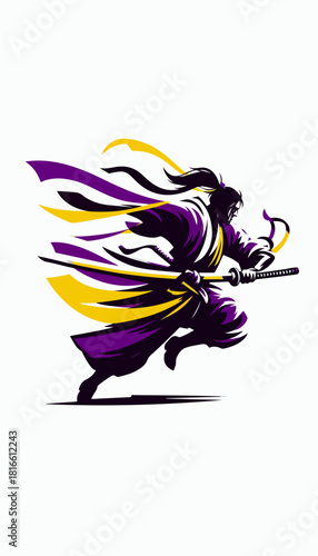 Running Samurai Swordsman in Dynamic Pose with Flowing Purple and Yellow Ribbons Vector