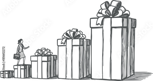 Tiny person standing next to increasingly large gift boxes with ribbons