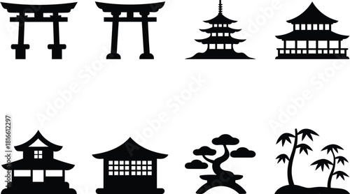 Icon set of traditional Japanese architecture and bonsai trees silhouette style