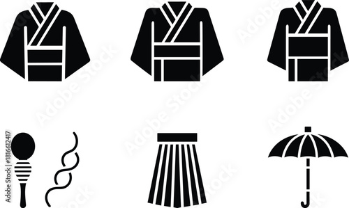 Japanese Culture Black and White Icons Set Kimono Skirt Umbrella Design