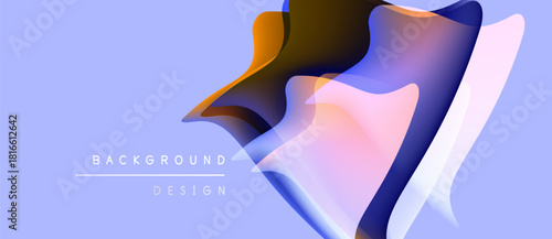 Abstract layers overlap, creating vibrant gradients. Soft purple background complements dynamic shapes, modern design element.