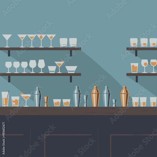 A flat design illustration of a modern bar counter with various cocktail glasses, shakers, and bar tools on shelves against a blue wall.