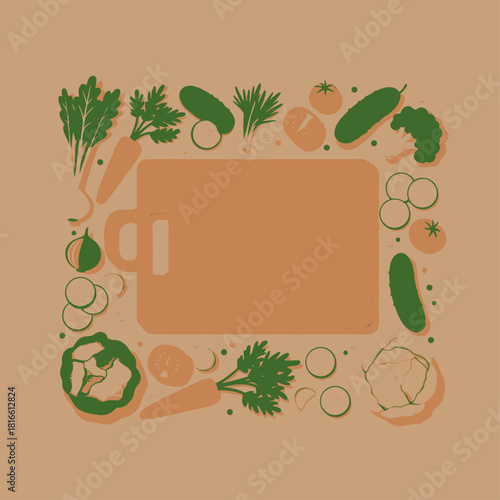 A cutting board surrounded by a variety of fresh green vegetables and herbs on a brown background, ready for cooking.