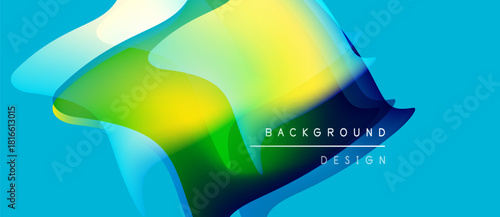 Abstract fluid shapes, vibrant colors blend. Blue background supports yellow, green gradients. Modern design element, dynamic composition.