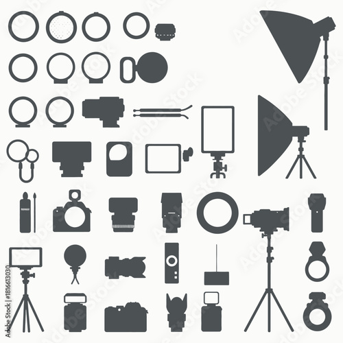 A comprehensive collection of photography studio equipment and accessories in silhouette form.