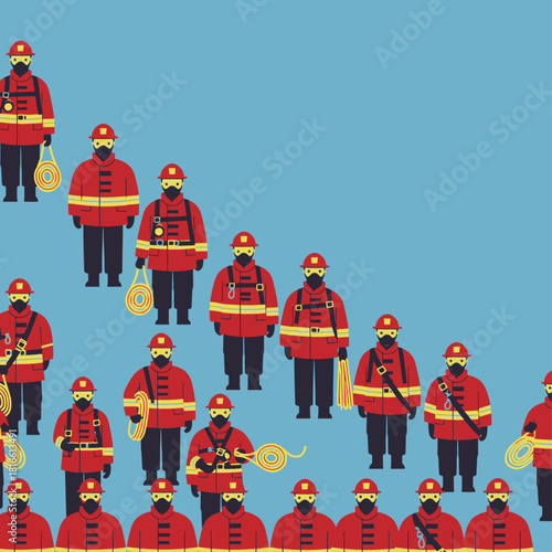 A group of firefighters in red uniforms and helmets standing with equipment against a blue background.