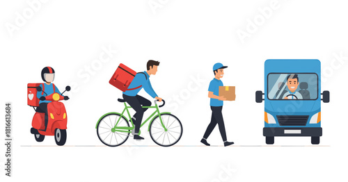 Delivery services using different transport methods like scooter bicycle and truck, Generative AI.