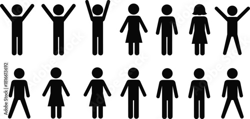 Human figure silhouettes, diverse icons, gender representation, black and white, vector illustration, body language, demographic design, stylized people, posture variety, skirt figure,