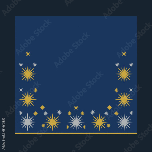 A festive dark blue background with a decorative border of gold and silver starbursts and small stars along the bottom edge, suitable for celebrations or invitations.