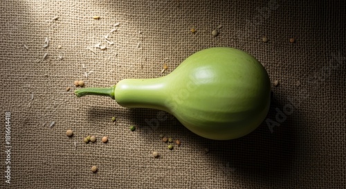 A Green Calabash Gourd Lying on Textured Fabric Background Under Gentle Lighting