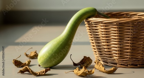 A Green Gourd Leaning Against Wicker Basket Among Scattered Autumnal Leaves Composition
