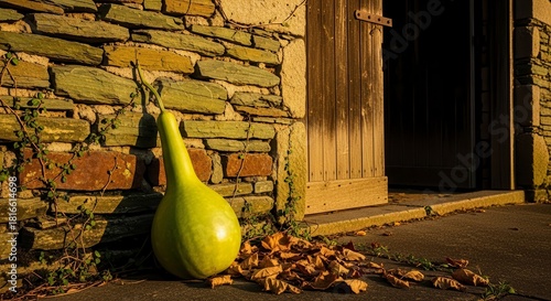 A Green Gourd Leaning Against A Stone Wall Near An Open Wooden Doorway