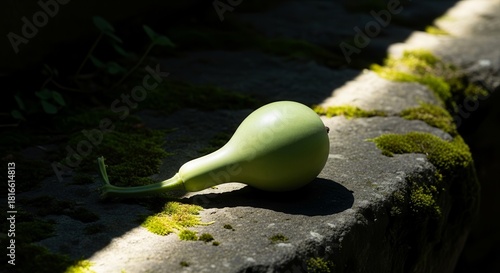A Green Gourd Rests Serenely on a Stone Ledge with Verdant Moss in Sunlight
